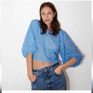 ZARA CROP Blue floral tulle top size small Super cute !!
